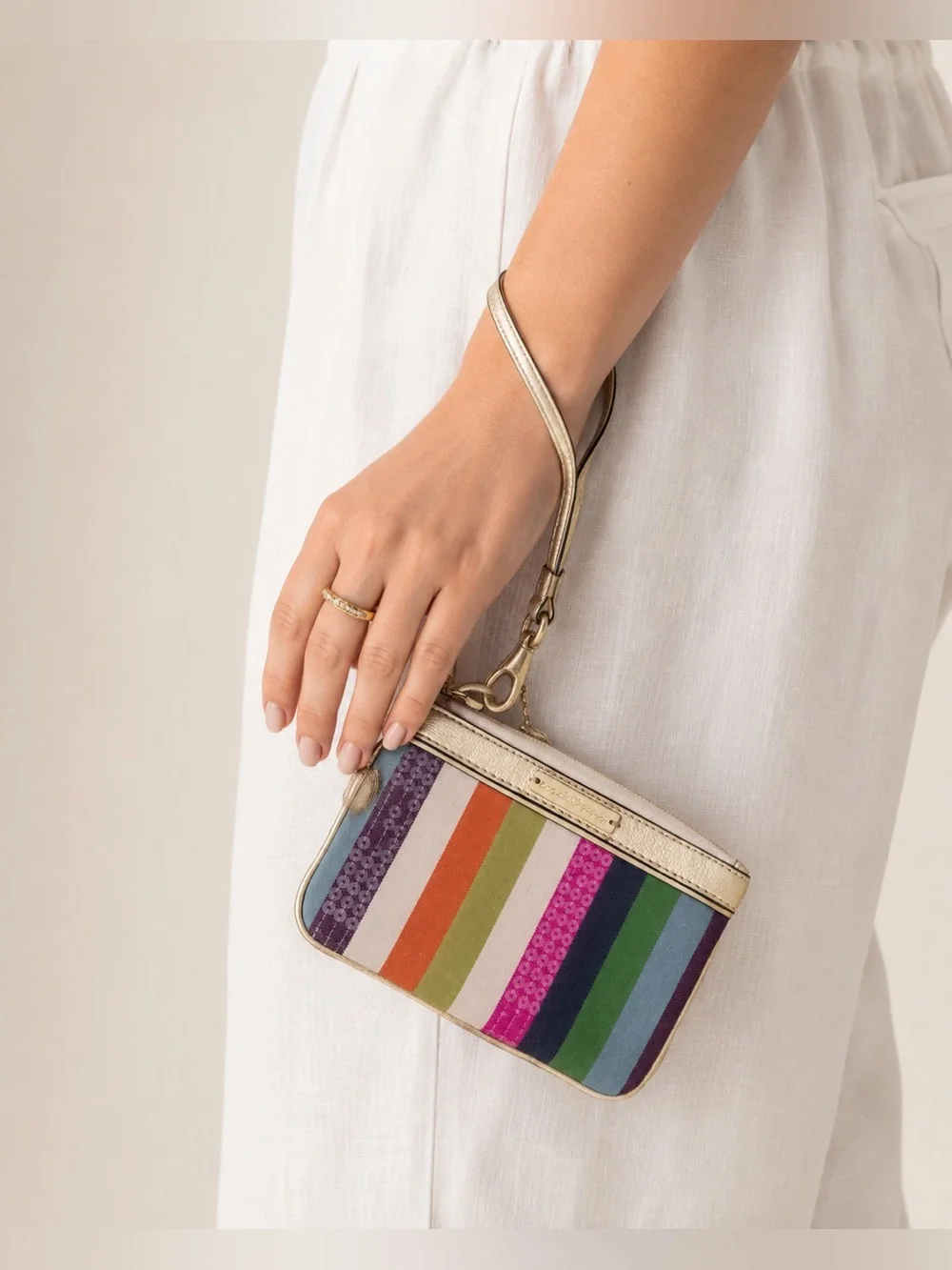 Coach Poppy Legacy Stripe Wristlet Bag 44910 Multicolor Sequin Gold Y2K McBling